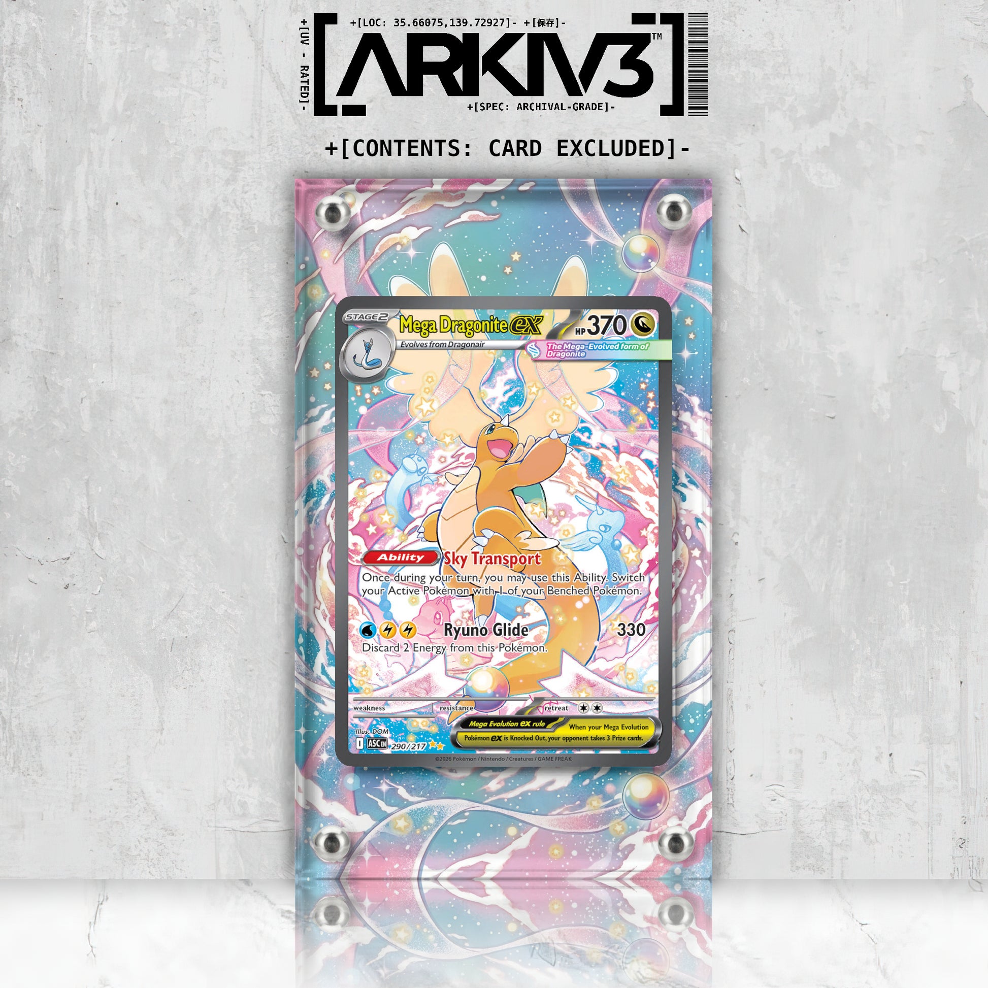Front view of ARKIV3 Mega Dragonite ex Extended Art Pokémon card in a display case, showcasing vibrant artwork and detailed design.