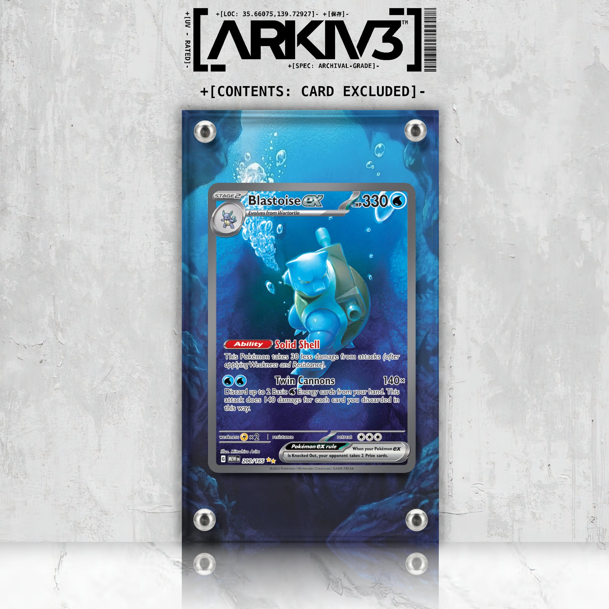 ARKIV3 Blastoise ex Extended Art Pokémon card in display case, front view, showcasing its vibrant artwork and protective mount.