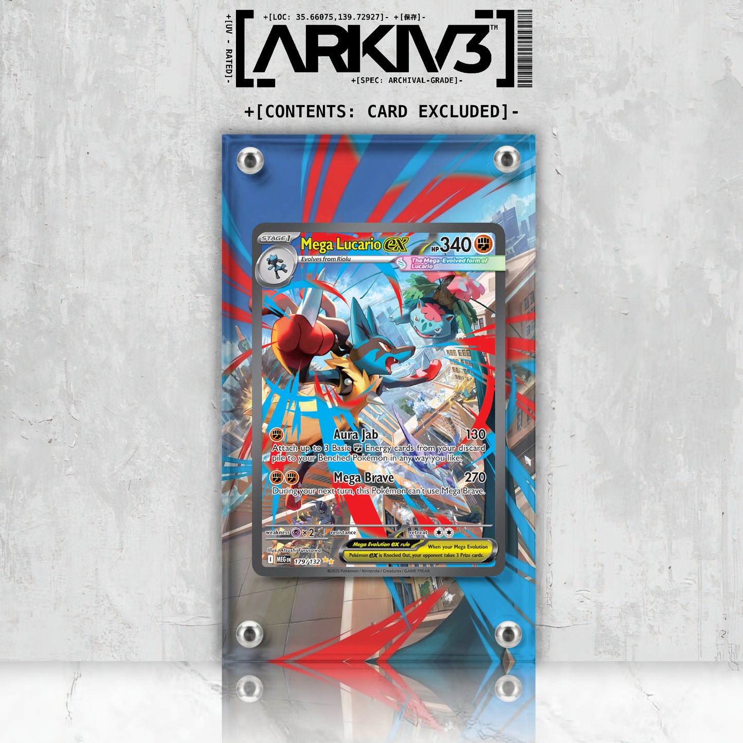 Front view of ARKIV3 Mega Lucario ex extended art Pokémon card in display case, showcasing detailed artwork and packaging.
