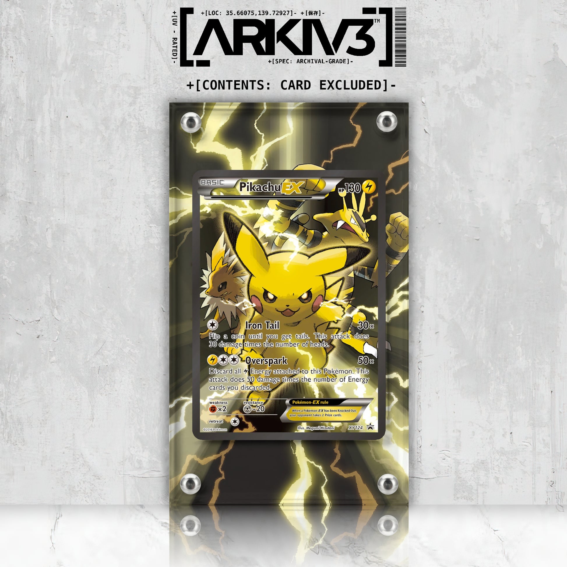 Front view of ARKIV3 Pikachu EX Extended Art Pokémon card in display case, showing vibrant artwork and secure mounting.