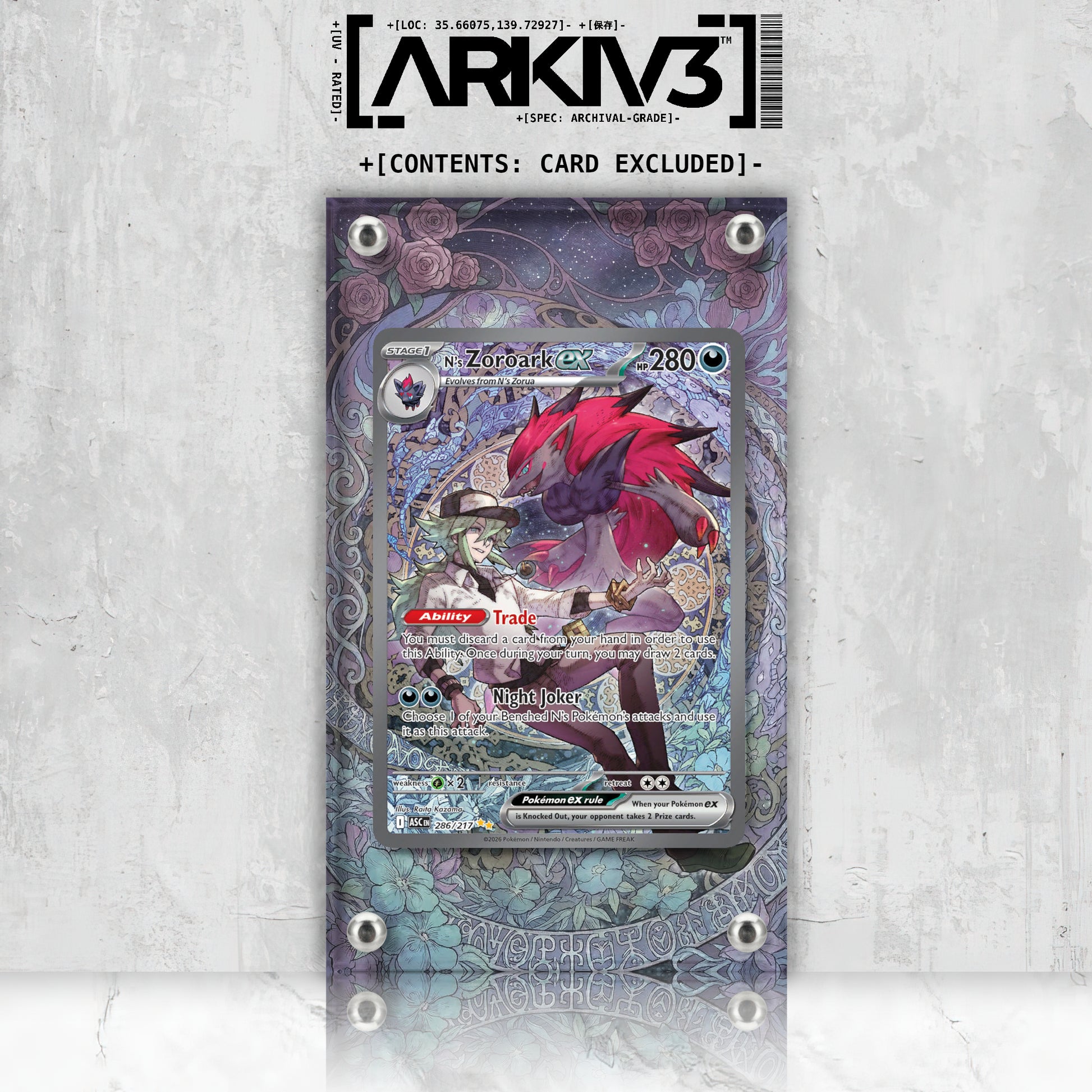 ARKIV3 N's Zoroark ex Extended Art Pokémon card displayed in a stand, showing vibrant artwork and detailed design.