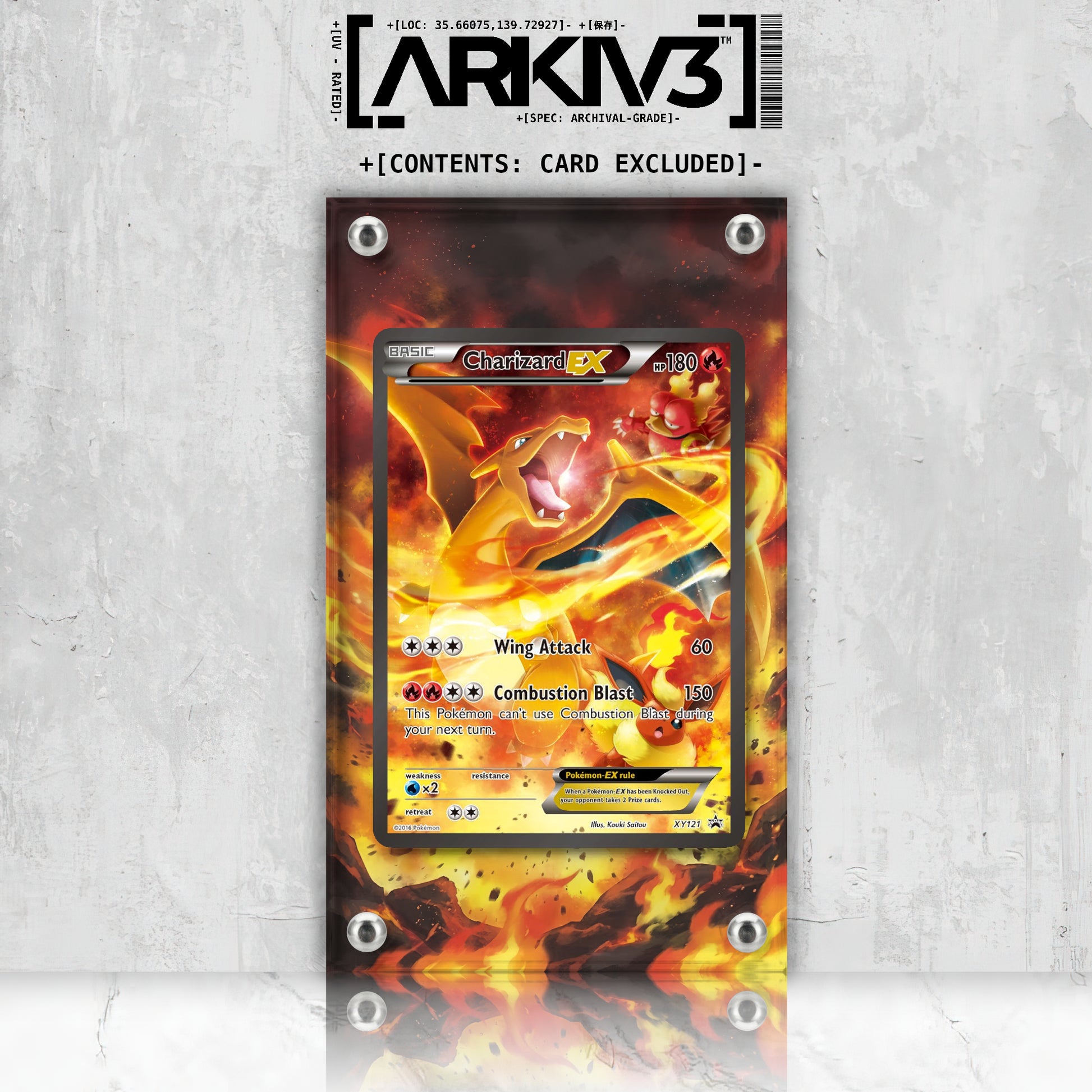 Charizard EX Extended Art Pokémon card from ARKIV3 in a display case, showing vibrant artwork and detailed design on the front.