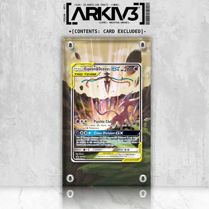 Front view of ARKIV3 Espeon & Deoxys GX Extended Art Pokémon card display case showing the mounted cards inside.