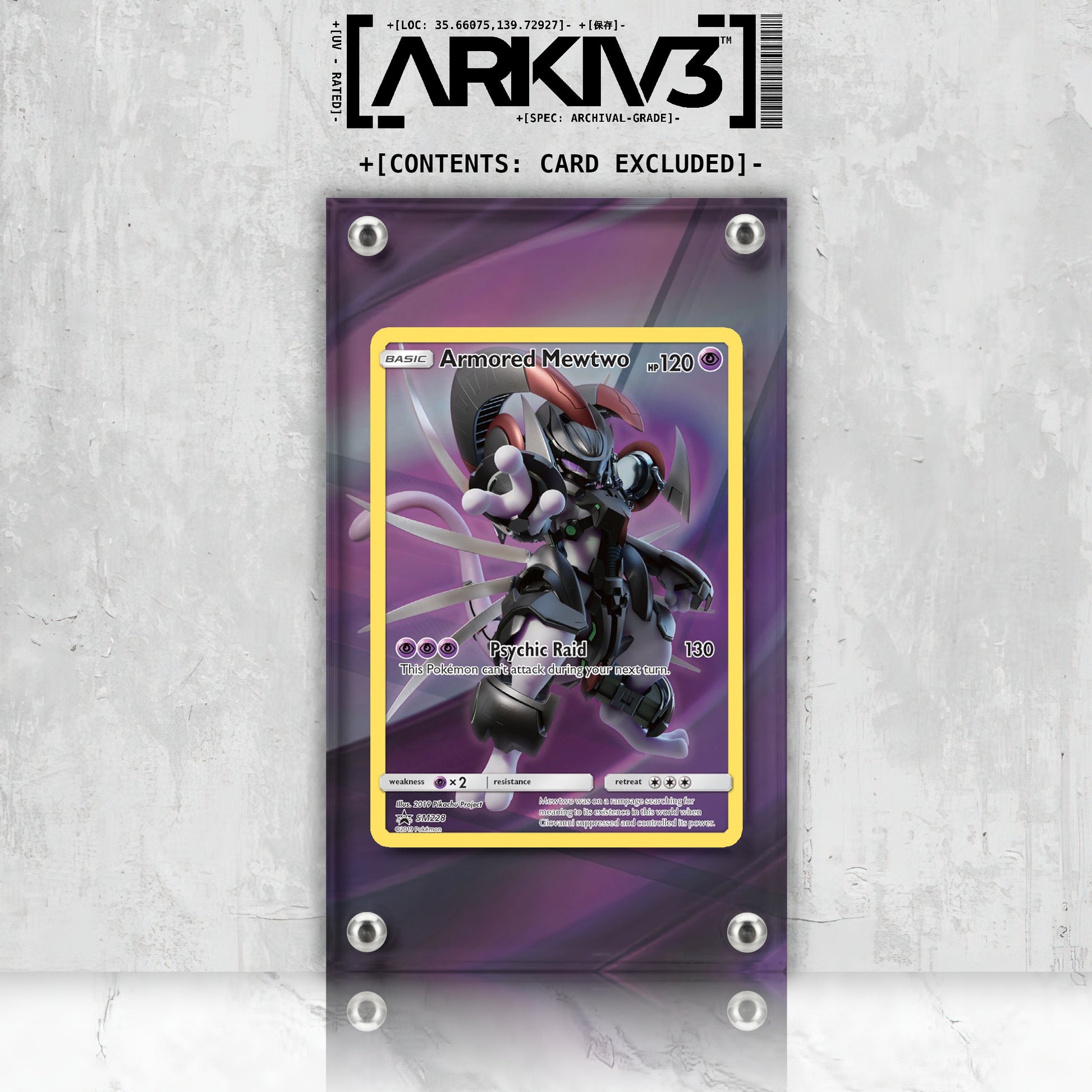 Armored Mewtwo Extended Art Pokémon card displayed in ARKIV3's clear acrylic display case, front view on a white background.
