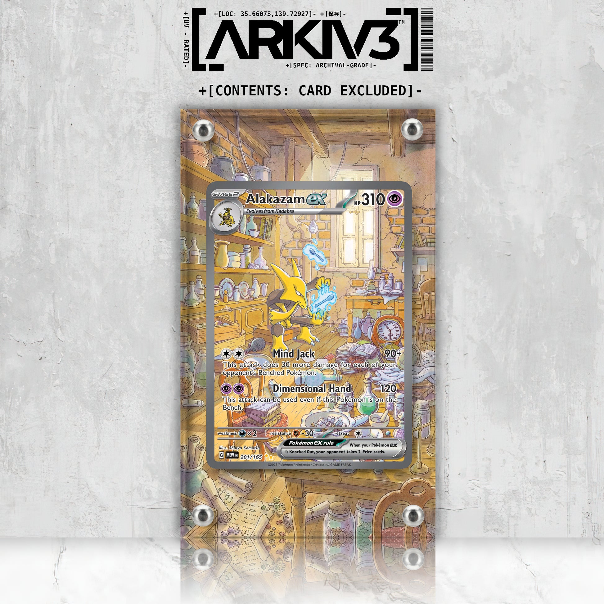 ARKIV3 Alakazam ex Extended Art Pokémon card displayed in a stand-up case, showcasing the front mockup of the collectible card.