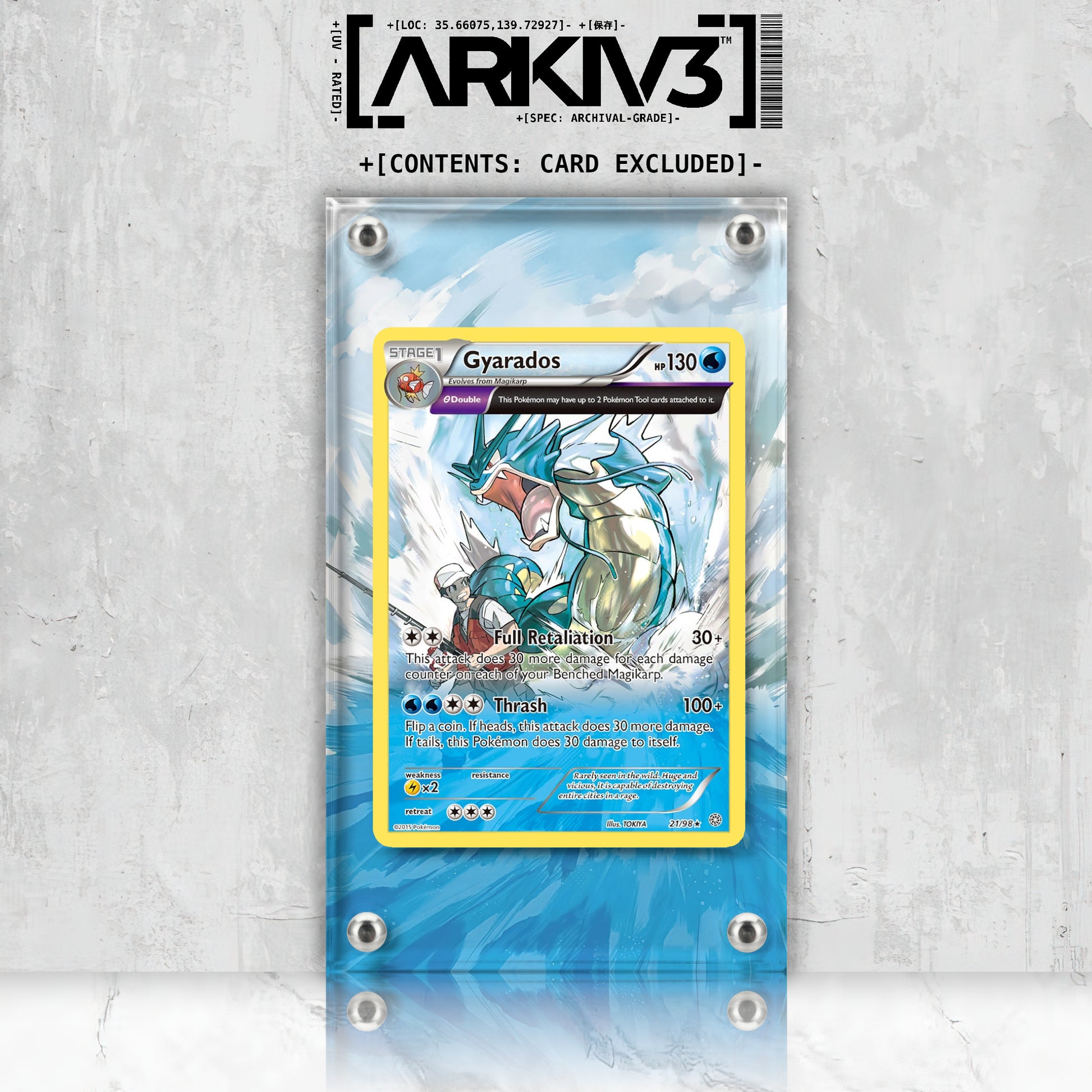 ARKIV3 Gyarados Extended Art Pokémon card display case showing the front mockup with the mounted Gyarados artwork.