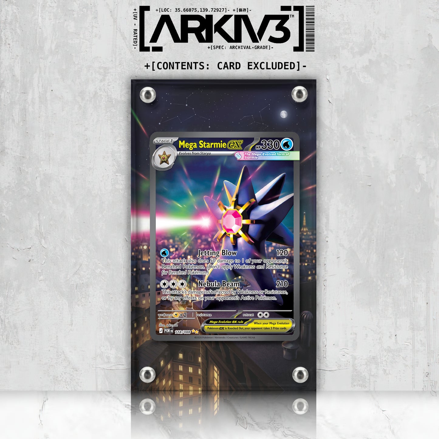 Front view of ARKIV3 Mega Starmie ex Extended Art display case in raw form, showcasing its standing mount design.
