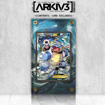 Front view of ARKIV3 Blastoise EX Extended Art Pokémon card in a screw-down display case, showcasing the detailed artwork.