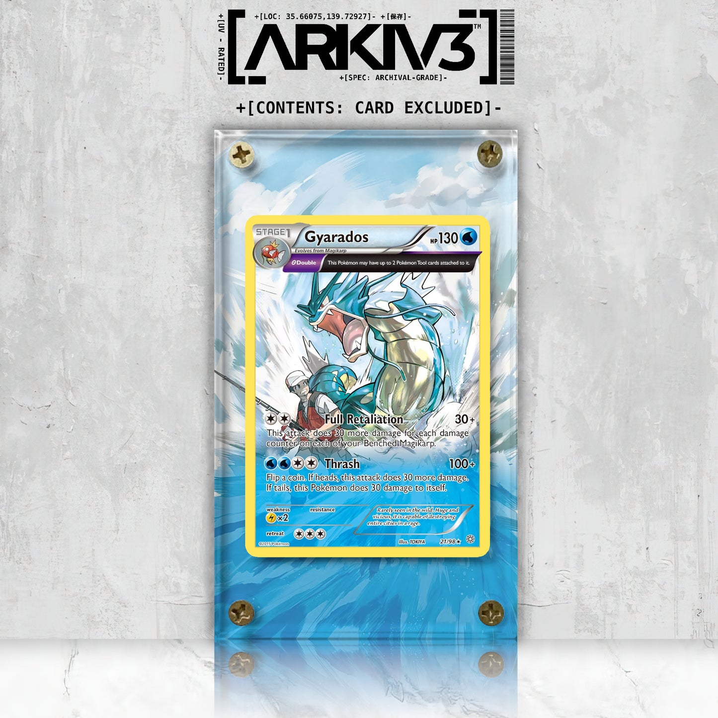 ARKIV3 Gyarados Extended Art display case for Pokémon cards, front view showing clear acrylic design and secure screwdown edges.