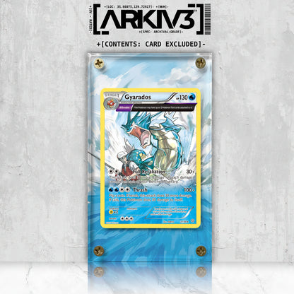 ARKIV3 Gyarados Extended Art display case for Pokémon cards, front view showing clear acrylic design and secure screwdown edges.