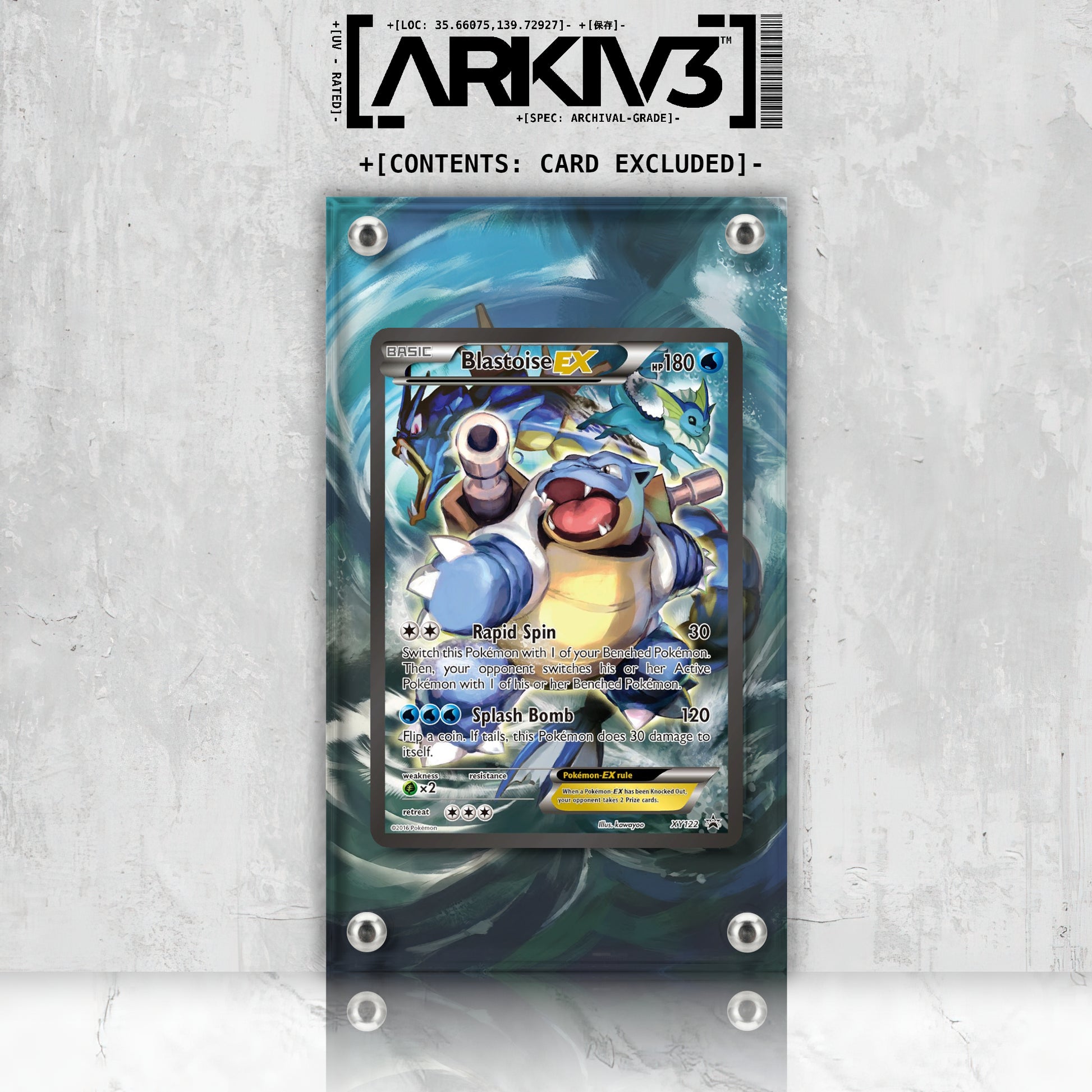 ARKIV3 Blastoise EX Extended Art Pokémon card in display case, front view showcasing the mounted card with vivid artwork.