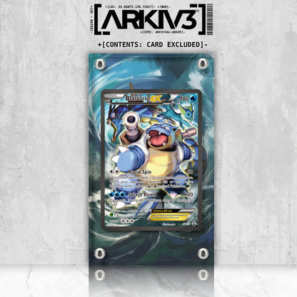 ARKIV3 Blastoise EX Extended Art Pokémon card in display case, front view showcasing the mounted card with vivid artwork.
