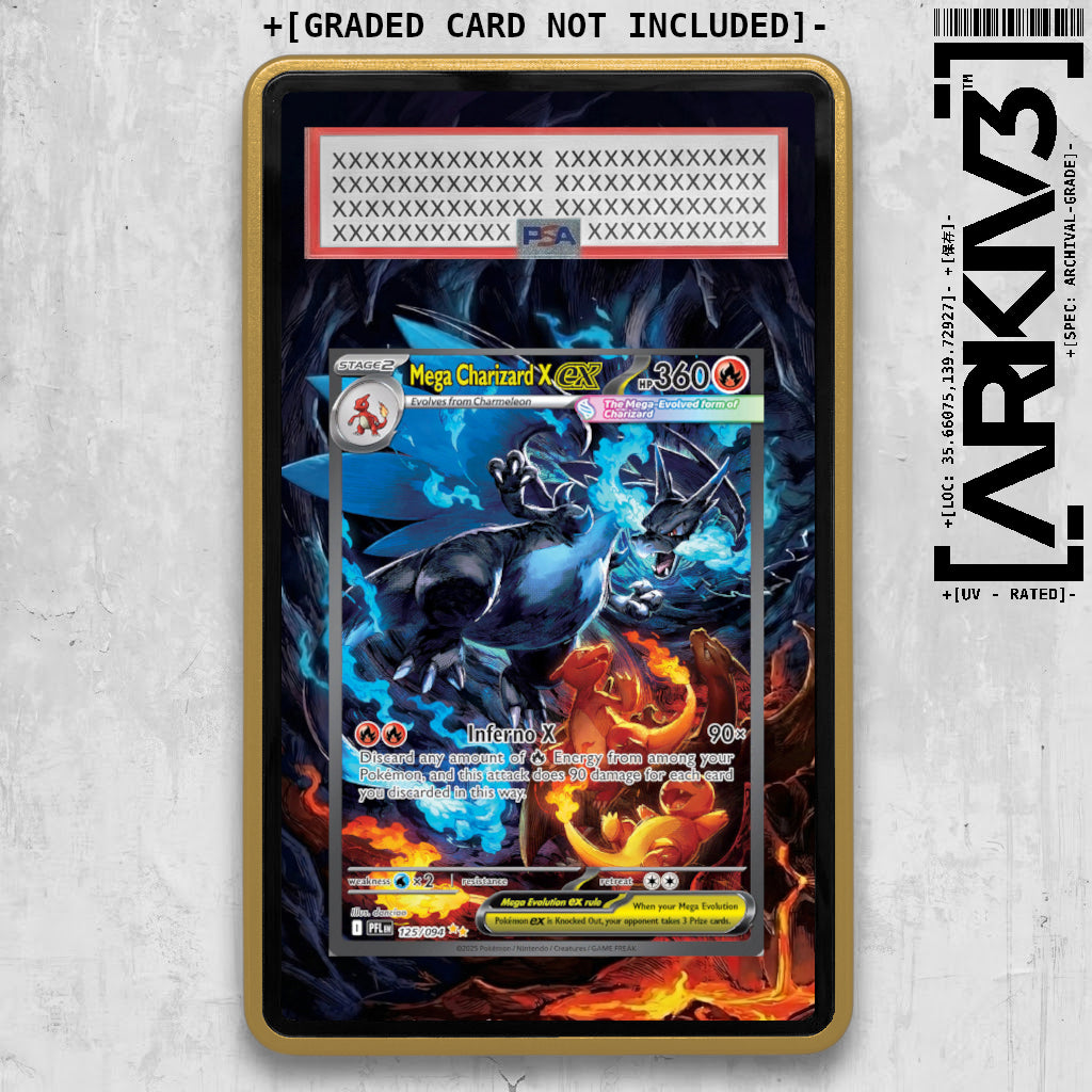 Gold Mega Charizard X ex Extended Art Pokémon card in graded display case by ARKIV3, showcasing vibrant artwork and premium protection.