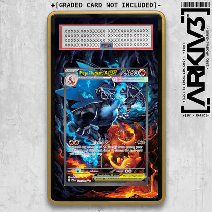 Gold Mega Charizard X ex Extended Art Pokémon card in graded display case by ARKIV3, showcasing vibrant artwork and premium protection.