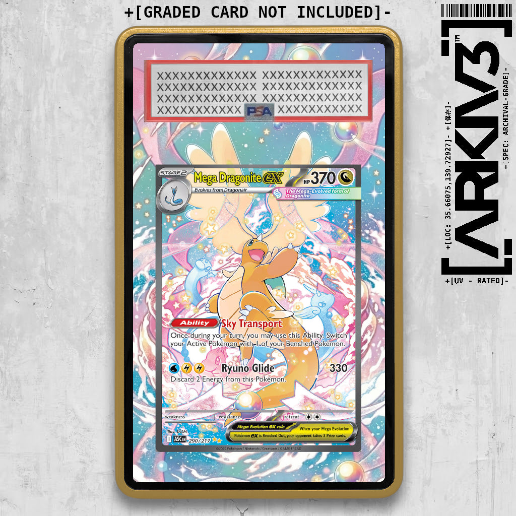 Gold Mega Dragonite ex extended art Pokémon card in graded display case by ARKIV3, showcasing detailed dragon artwork.