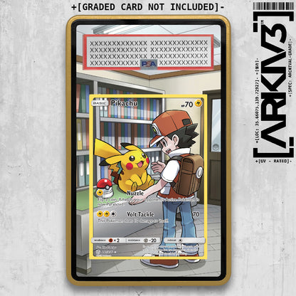 ARKIV3 Pikachu Extended Art graded Pokémon card displayed in a protective gold display case