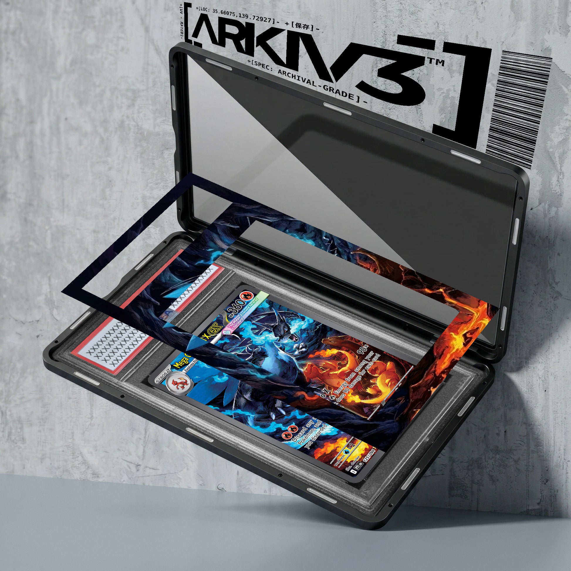 Graded Mega Charizard X ex Extended Art Pokémon card in display case, showcasing detailed artwork and certification from ARKIV3.