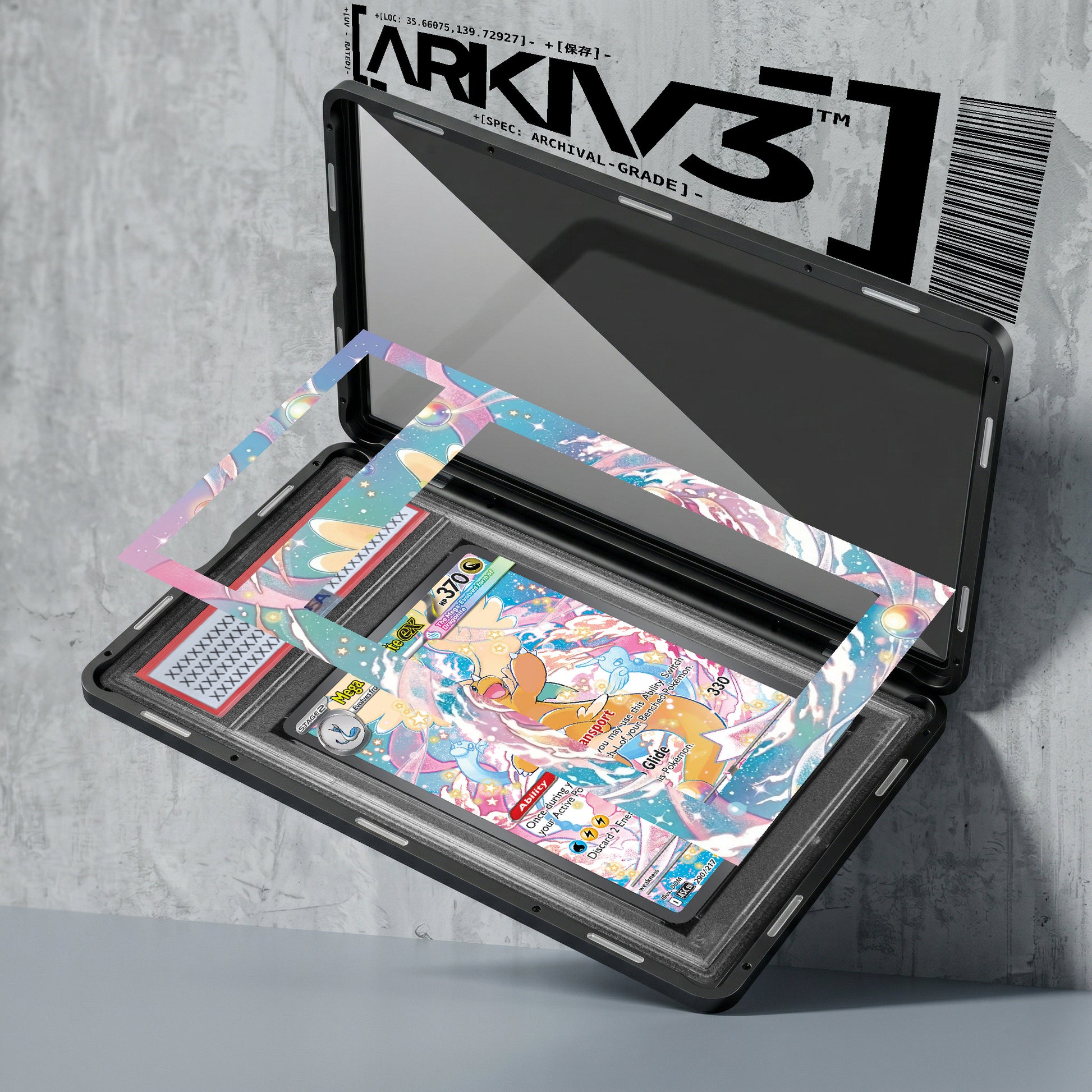 Graded Mega Dragonite ex Extended Art Pokémon card in display case featuring detailed exploded view with ARKIV3 branding.