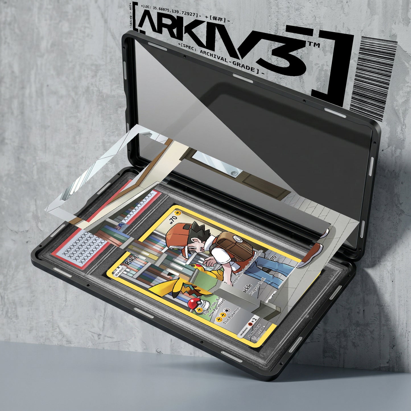 Graded Pikachu Extended Art Pokémon card in display case, showcasing the detailed artwork and protective casing by ARKIV3.