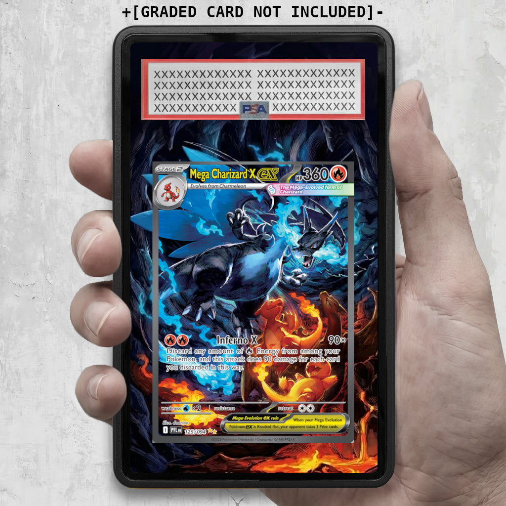 Graded Mega Charizard X EX Extended Art Pokémon card in display case, held by hand, showcasing detailed artwork and grading label.