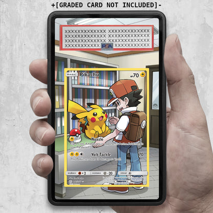 Graded Pikachu Extended Art card in display case, showcasing detailed artwork and professional grading by ARKIV3.