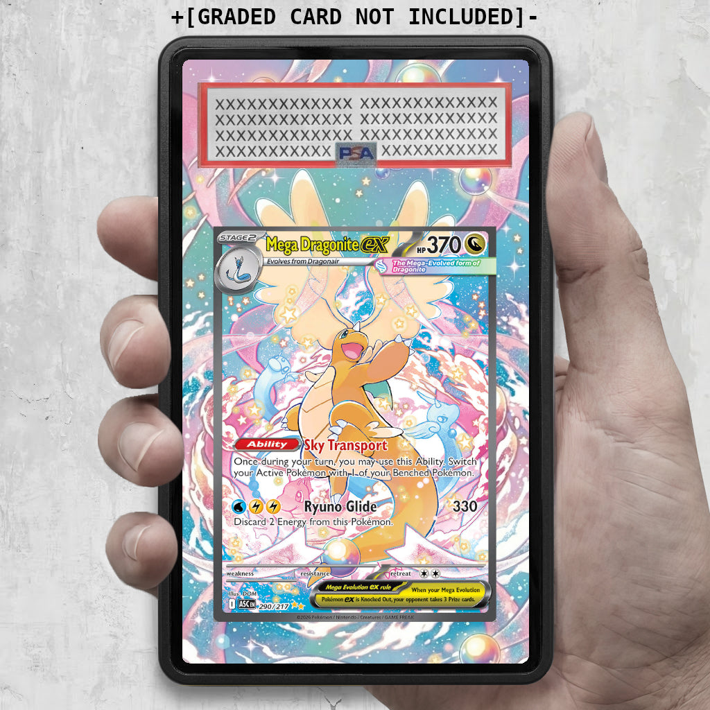 Graded Mega Dragonite ex Extended Art Pokémon card in display case from ARKIV3, shown in hand mockup with protective casing.