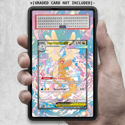 Graded Mega Dragonite ex Extended Art Pokémon card in display case from ARKIV3, shown in hand mockup with protective casing.