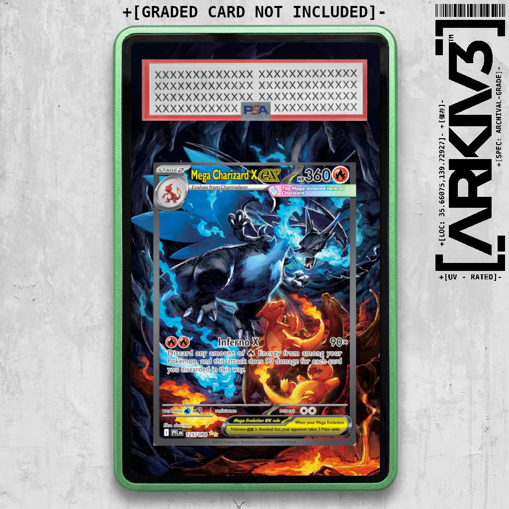 Green Mega Charizard X ex Extended Art Pokémon card in graded display case, showcasing detailed artwork and vibrant colors.