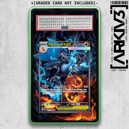 Green Mega Charizard X ex Extended Art Pokémon card in graded display case, showcasing detailed artwork and vibrant colors.