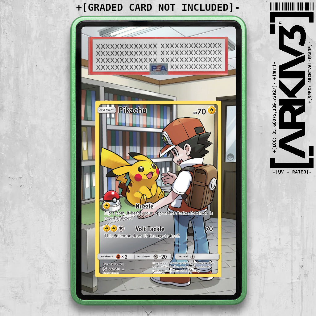 Graded Pikachu Extended Art card in ARKIV3 display case, with green background and clear protective casing.