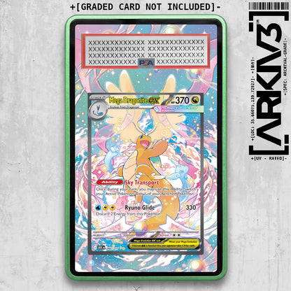 Green Mega Dragonite ex extended art Pokémon card in display case, graded by ARKIV3, featuring vibrant dragon artwork.