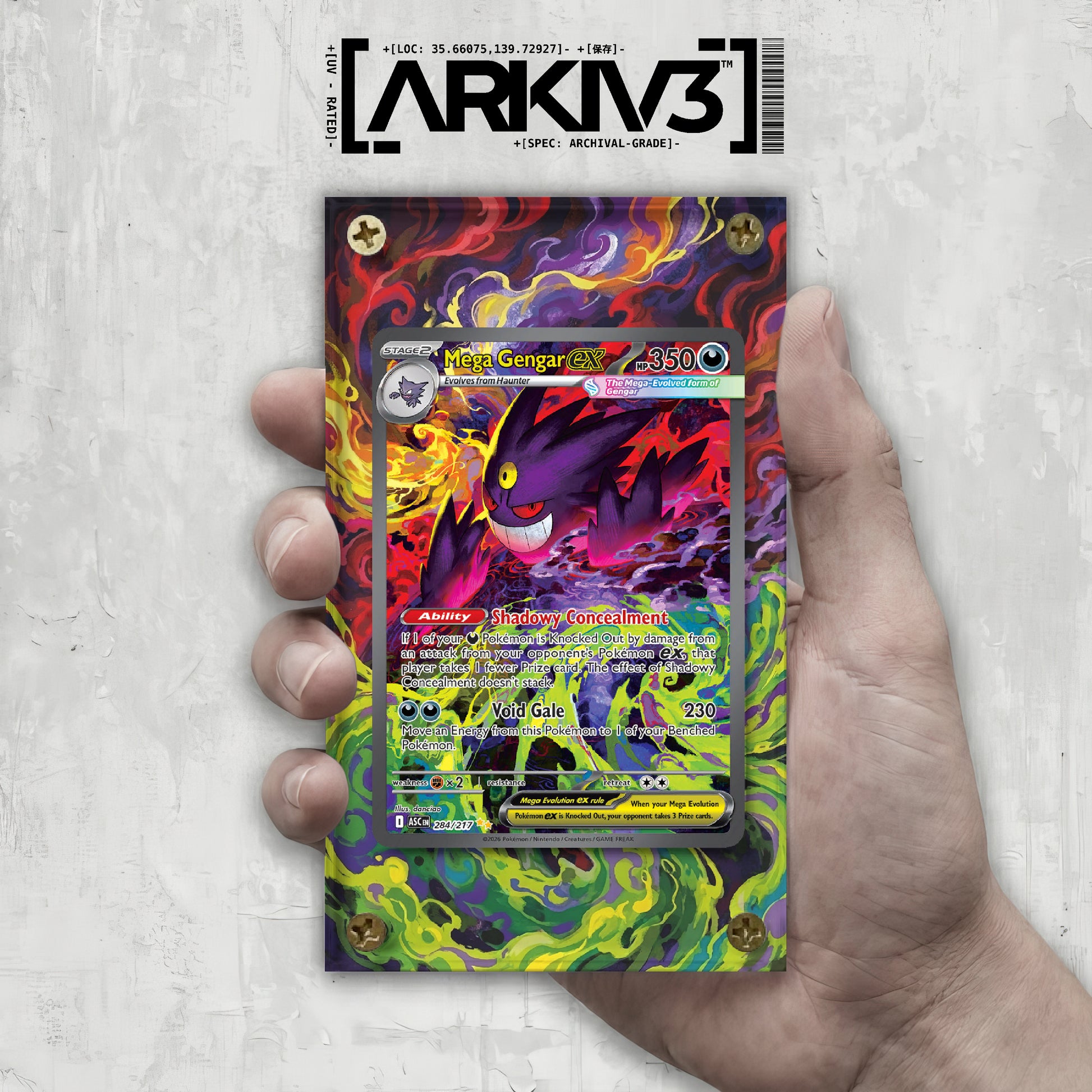 Display case for Mega Gengar ex Extended Art Pokémon card by ARKIV3, shown with a screw-down holder on a mockup background.