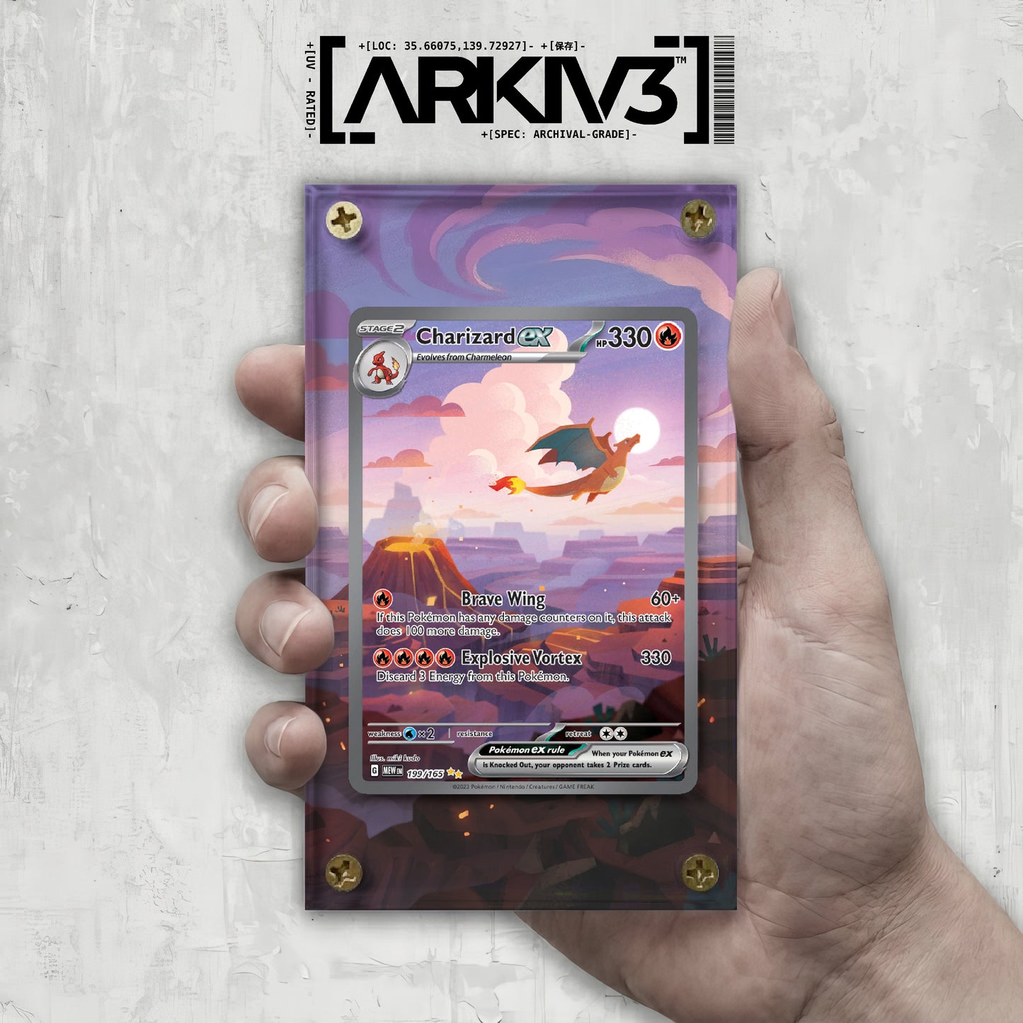 Hand holding a Charizard ex Extended Art Pokémon card in a screw-down display case by ARKIV3.