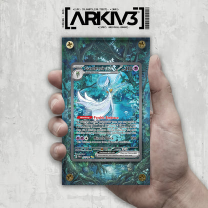 ARKIV3 Gardevoir ex Extended Art Pokemon card in a display case with screw-down protective cover, showcasing detailed artwork.