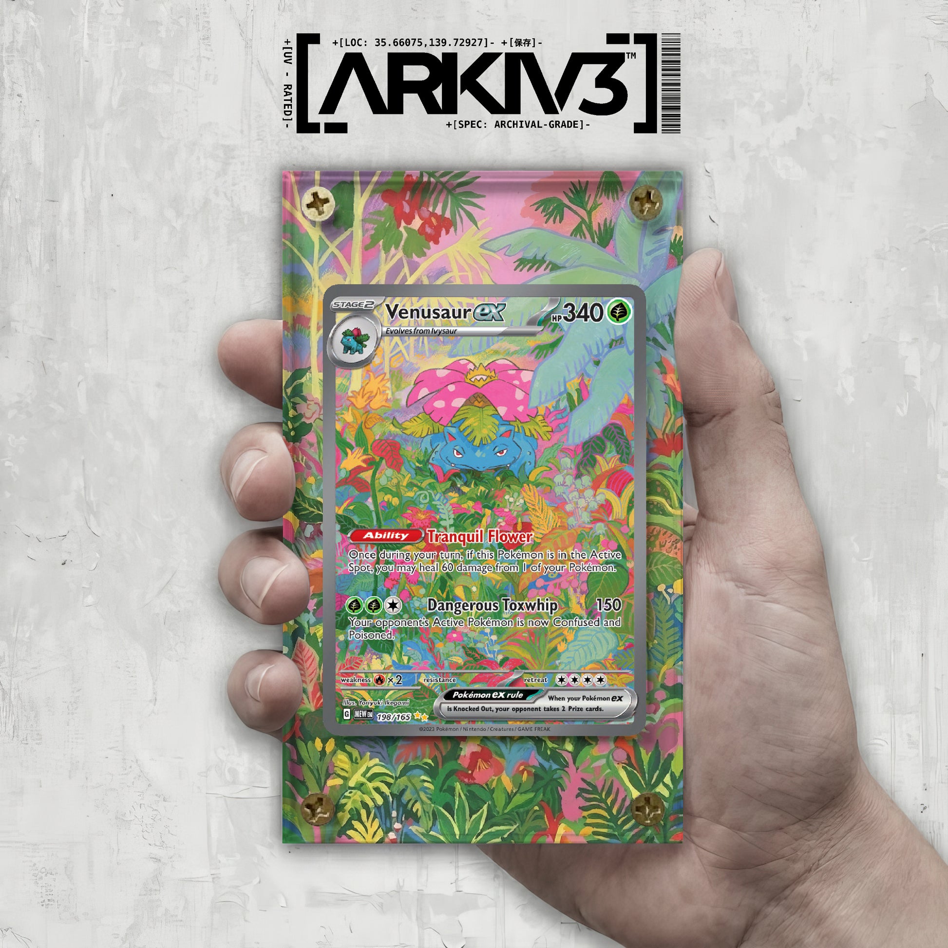 Venusaur ex extended art Pokémon card displayed in ARKIV3 raw screwdown display case, showing detailed card artwork.