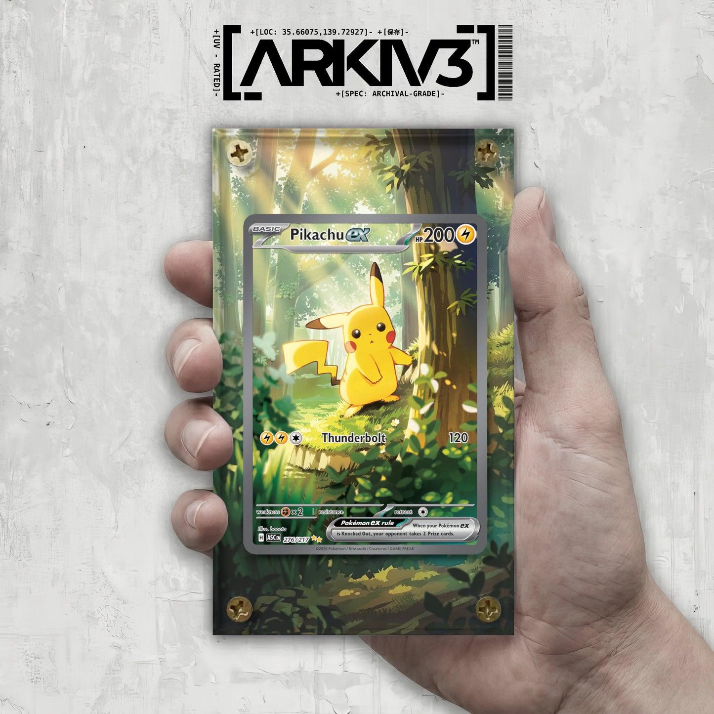 ARKIV3 Pikachu ex Extended Art Pokémon card in a display case with a screw-down cover, showcasing vibrant Pokémon artwork.