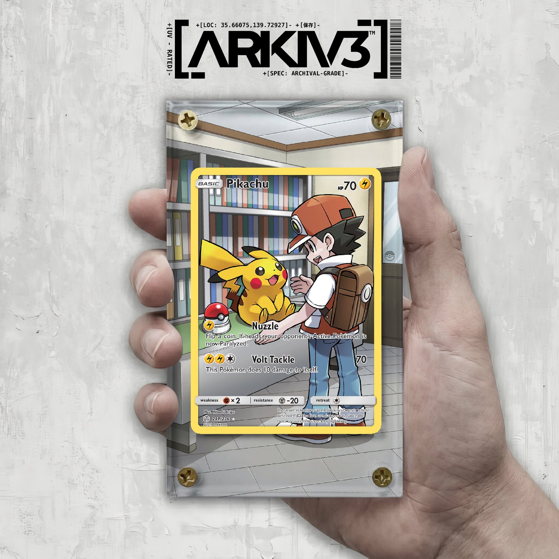 ARKIV3 Pikachu Extended Art display case with screwdown, showcasing a raw Pokémon card in a clear, protective holder.
