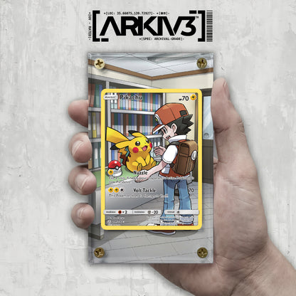 ARKIV3 Pikachu Extended Art display case with screwdown, showcasing a raw Pokémon card in a clear, protective holder.