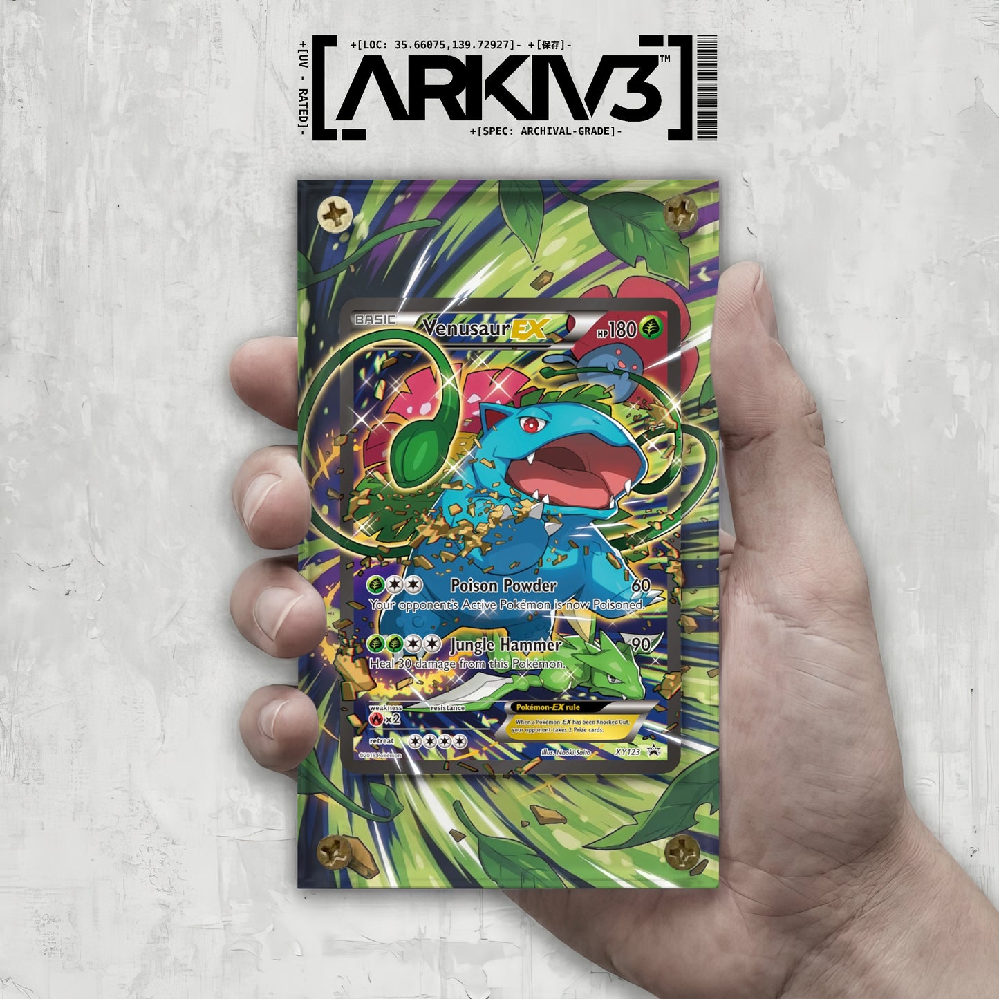 Close-up of Venusaur EX Extended Art Pokémon card in a clear display case with a screw-down frame by ARKIV3.