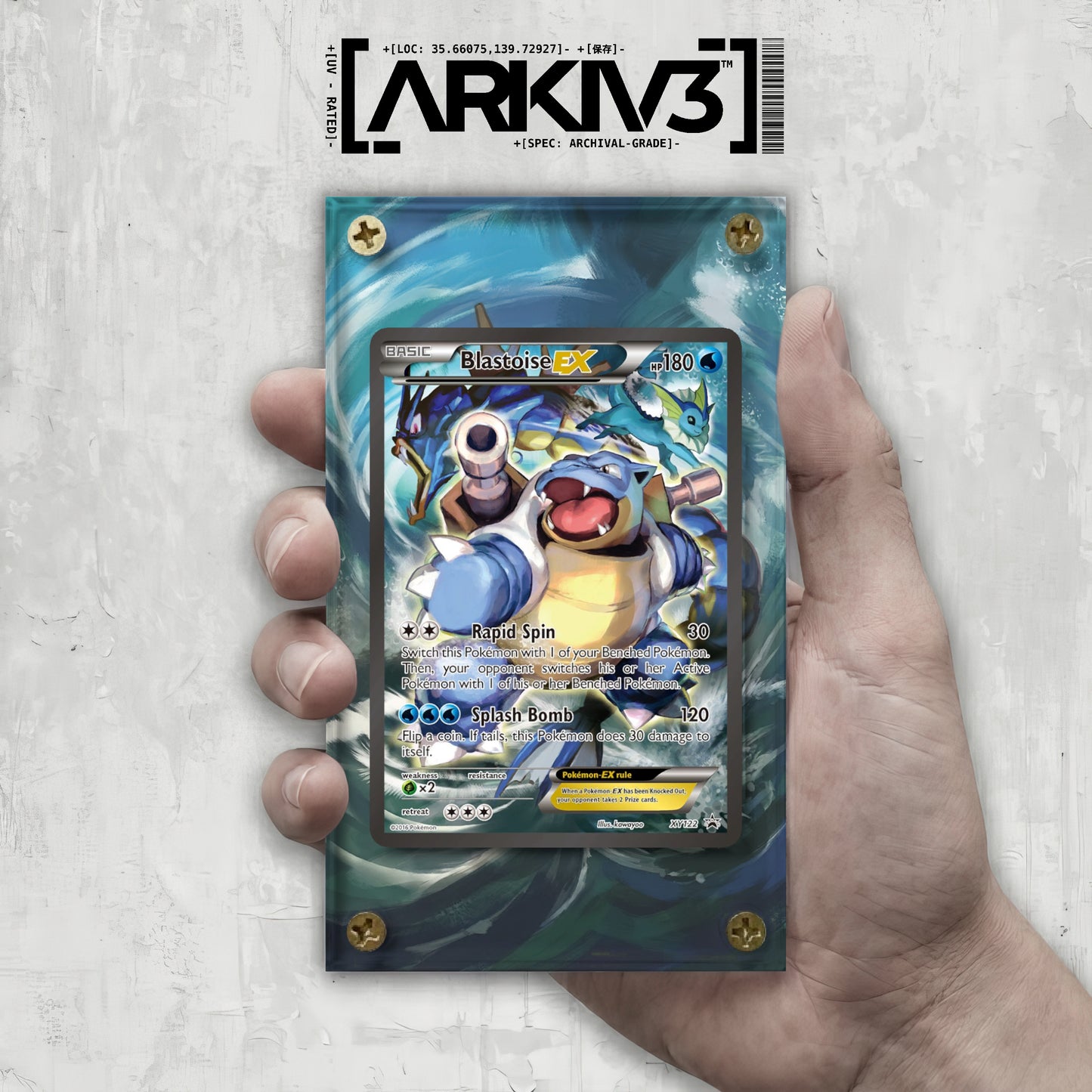 Close-up of a hand holding a screw-down display case for Blastoise EX Extended Art card by ARKIV3.