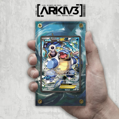 Close-up of a hand holding a screw-down display case for Blastoise EX Extended Art card by ARKIV3.
