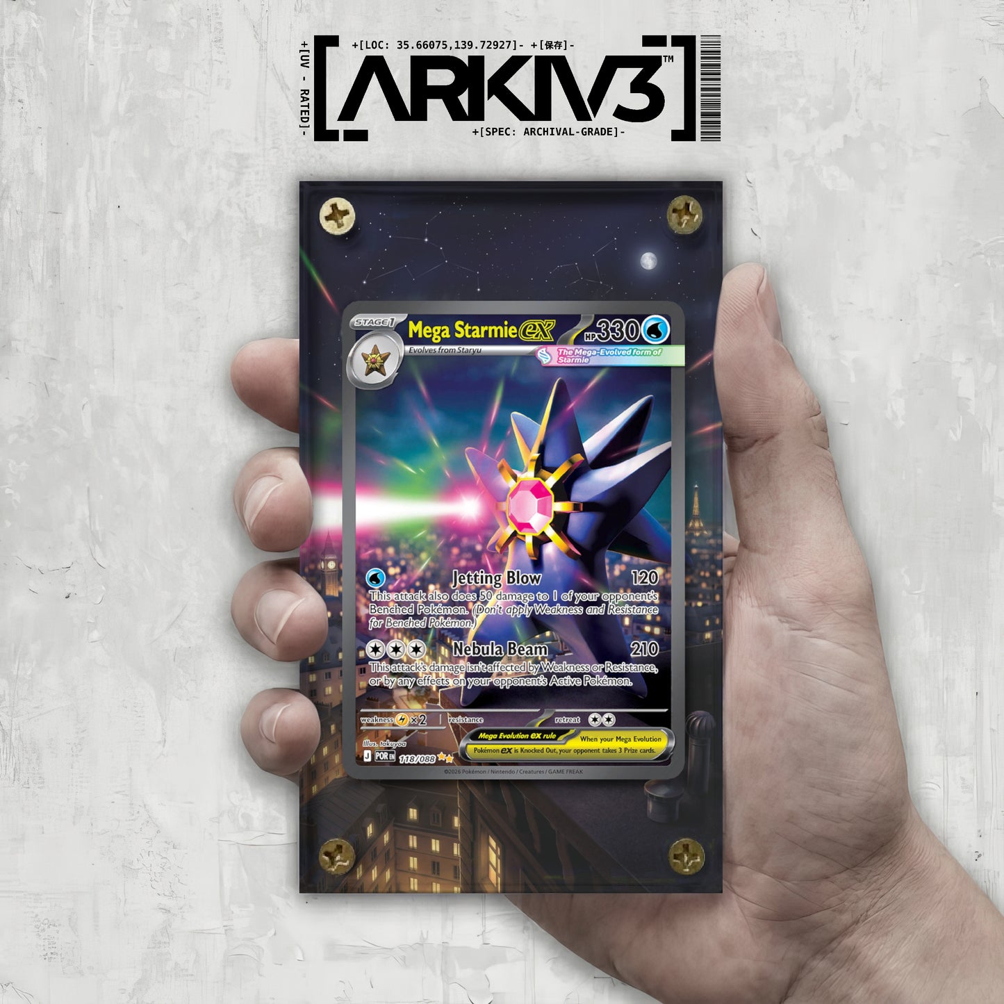 Display case for Mega Starmie ex Extended Art Pokémon card by ARKIV3, showing the card inside a clear protective case.