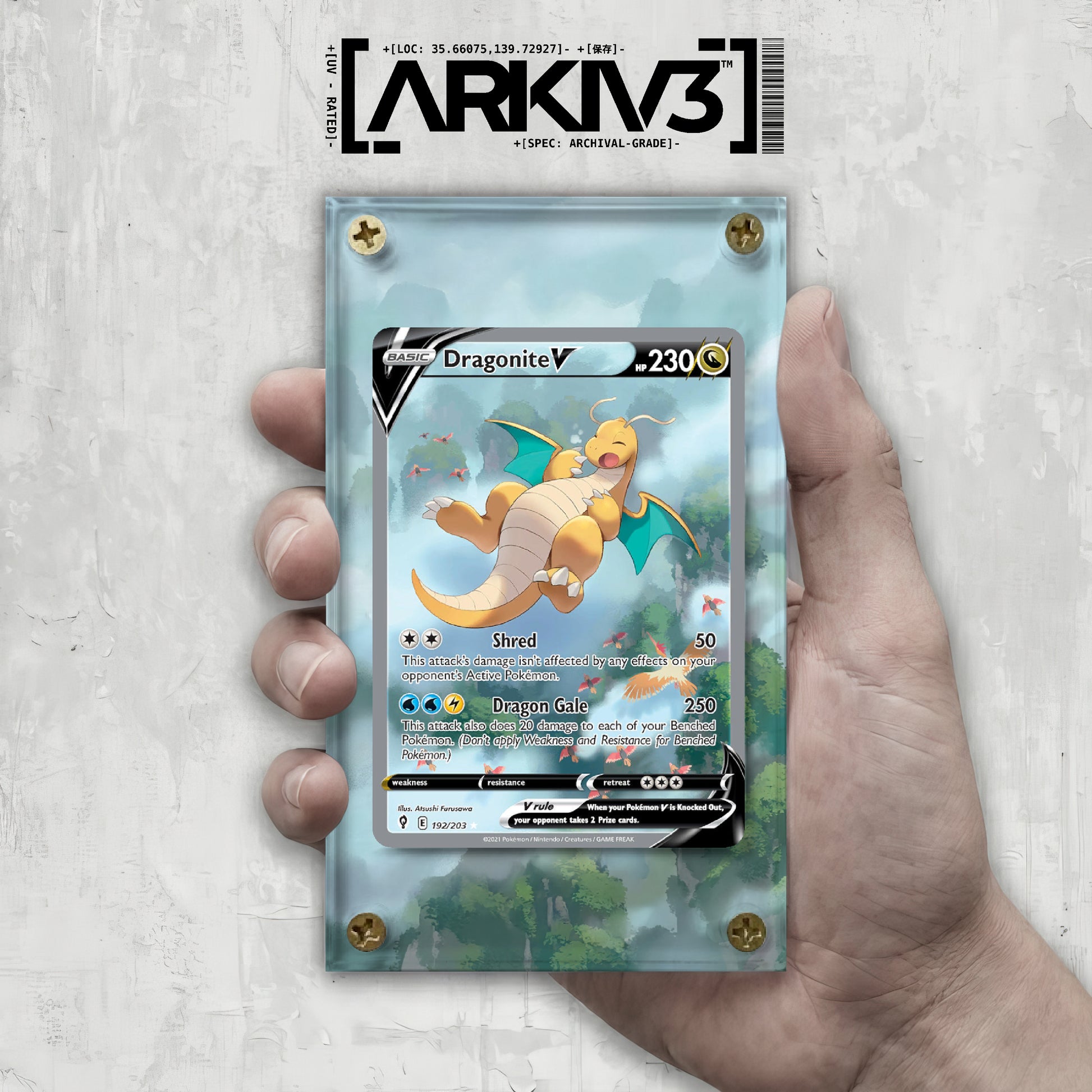 Dragonite V Extended Art Pokémon card in a display case, showcasing the raw card with vibrant artwork and detailed design.