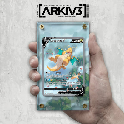 Dragonite V Extended Art Pokémon card in a display case, showcasing the raw card with vibrant artwork and detailed design.