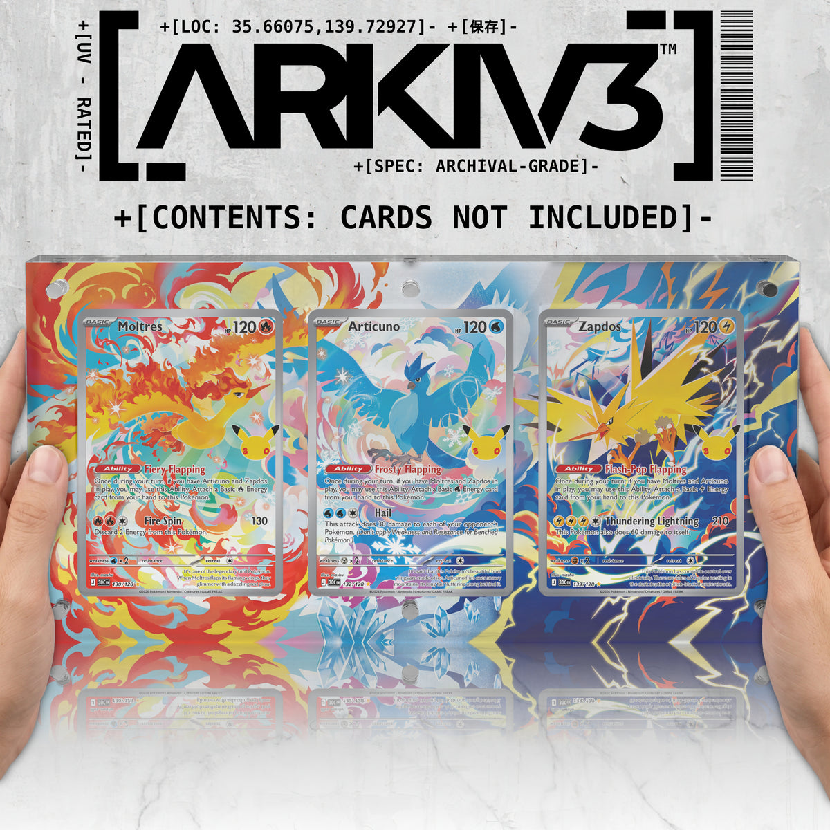 Moltres, Articuno, Zapdos triptych — Hand Mockup
