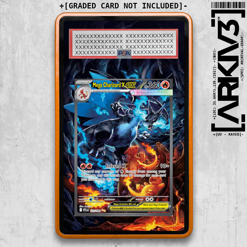 Orange Mega Charizard X ex extended art Pokémon card in a graded display case by ARKIV3.