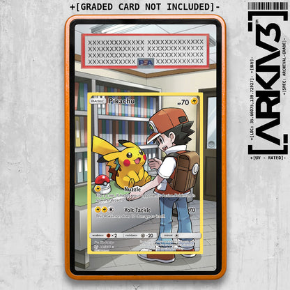 Graded Pikachu Extended Art Pokémon card displayed in ARKIV3 display case with orange background and protective casing
