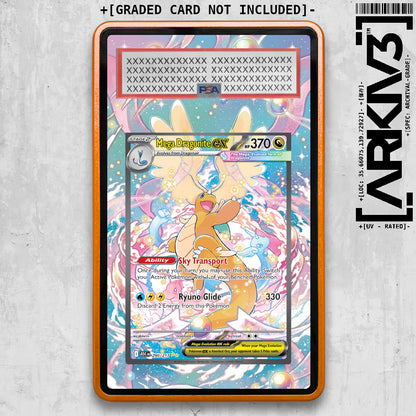 Extended Art Mega Dragonite ex Pokémon card in a graded display case by ARKIV3, featuring vibrant orange artwork and clear case.
