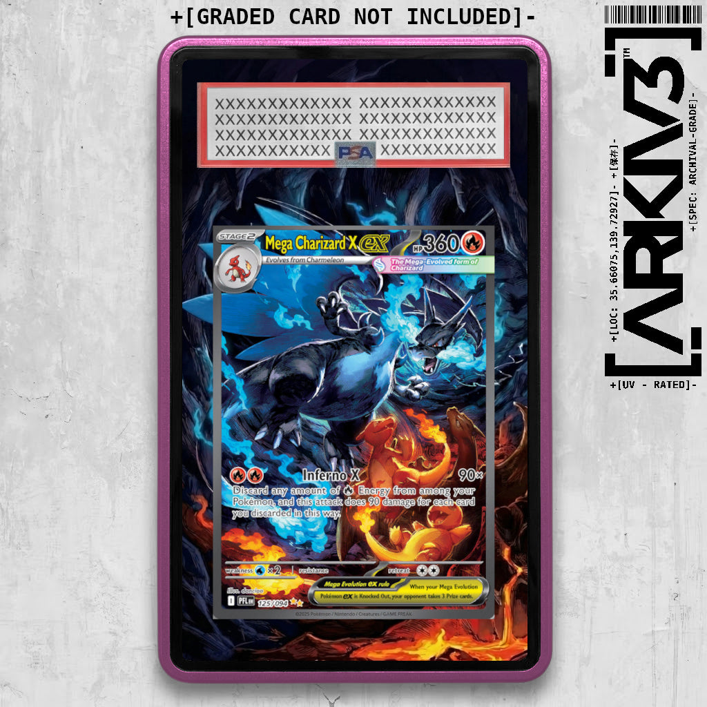 Purple Mega Charizard X ex extended art Pokémon card in graded display case by ARKIV3, showcasing vibrant artwork.