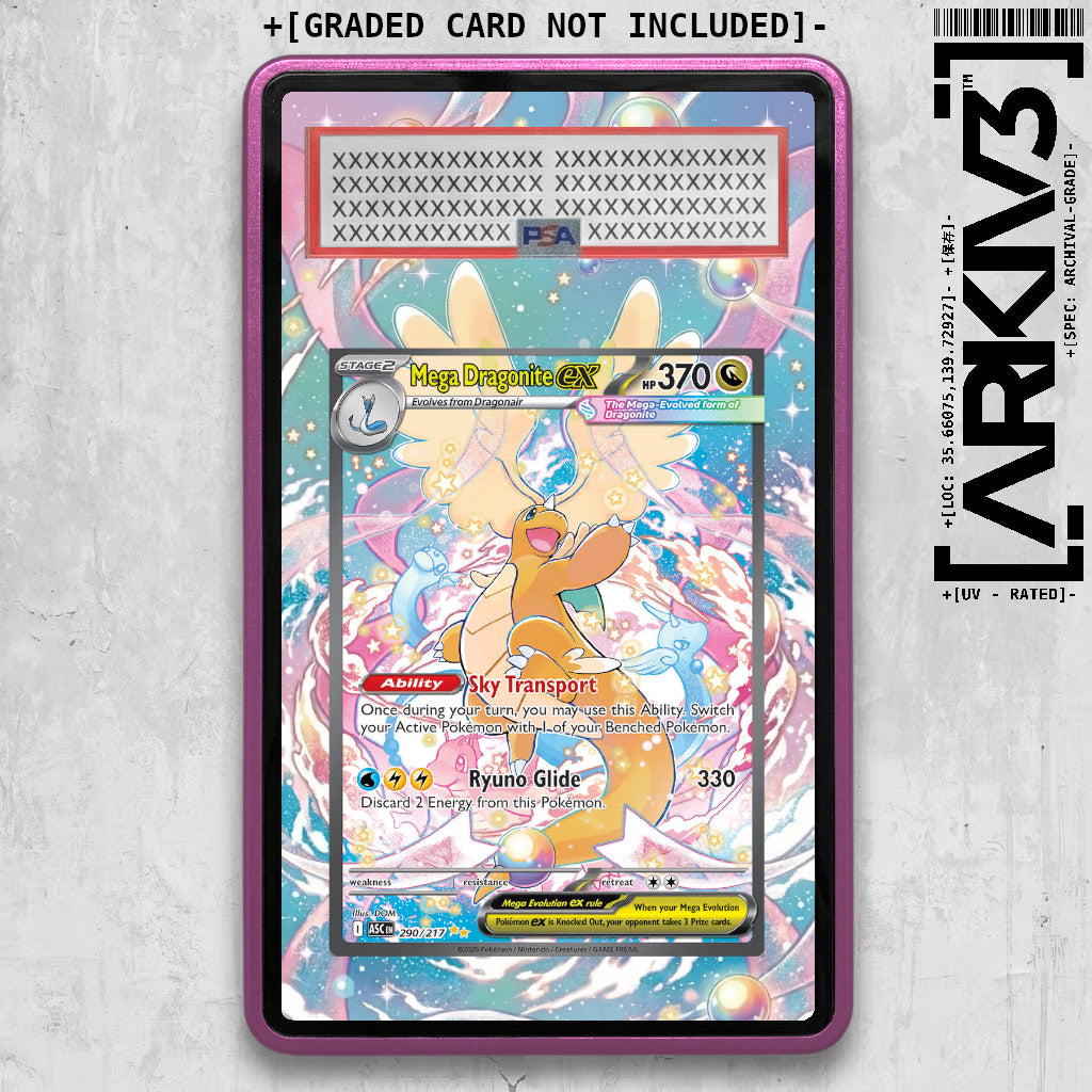 ARKIV3 Mega Dragonite ex Extended Art graded Pokémon card inside a display case with a purple background.